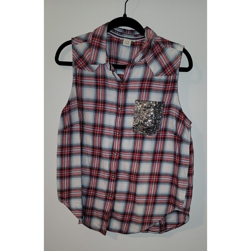 Ariat Womens Size XL Billie Jean Plaid Button Front Sleeveless Shirt Top Sequin